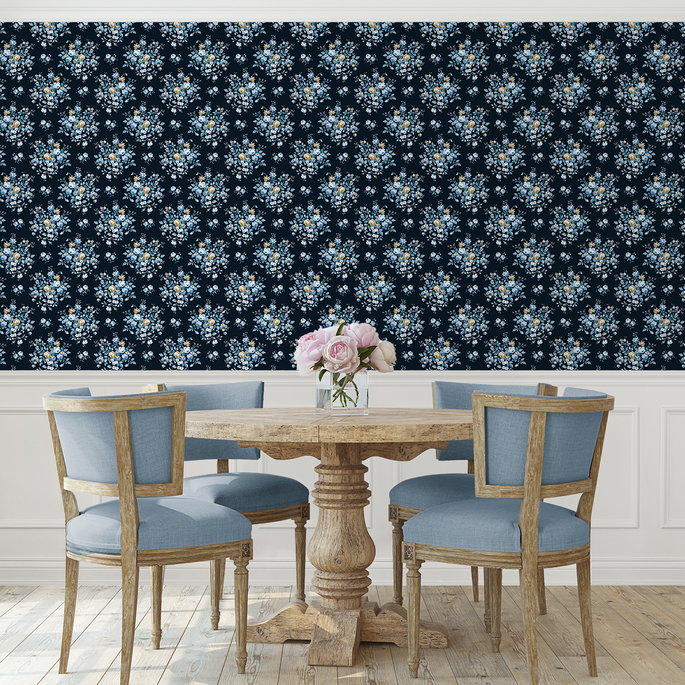 Seabrook Designs Floral Bouquet Midnight Blue &amp; Toffee Prepasted Wallpaper image 4 of 5