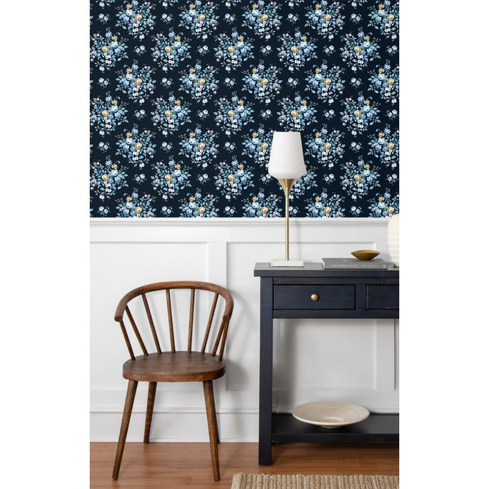 Seabrook Designs Floral Bouquet Midnight Blue &amp; Toffee Prepasted Wallpaper image 5 of 5