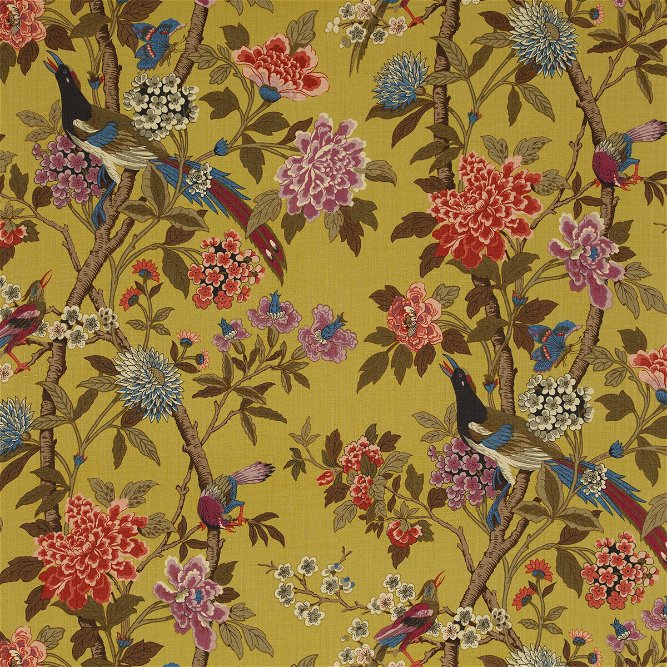 GP &amp; J Baker Hydrangea Bird Mustard/Mauve Fabric