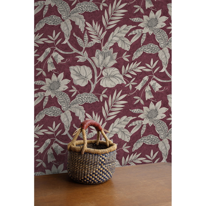 Seabrook Designs Rainforest Leaves Cranberry &amp; Stone Wallpaper image 2 of 2