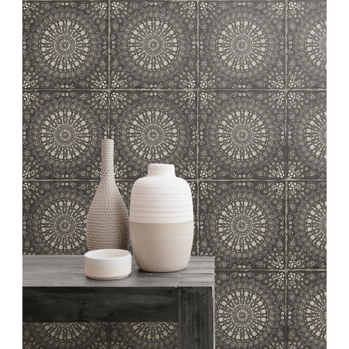 Seabrook Designs Mandala Boho Tile Brushed Ebony &amp; Stone Wallpaper image 2 of 2