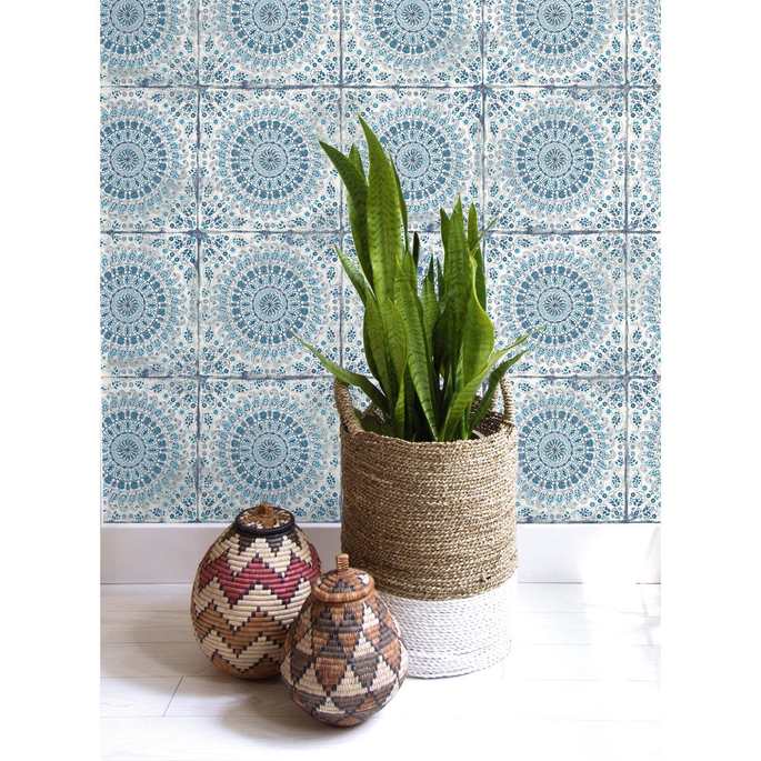 Seabrook Designs Mandala Boho Tile Cerulean &amp; Washed Denim Wallpaper image 2 of 2