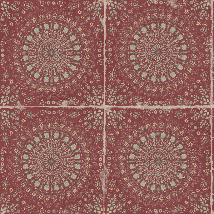 Seabrook Designs Mandala Boho Tile Cabernet &amp; Aloe Green Wallpaper image 1 of 2