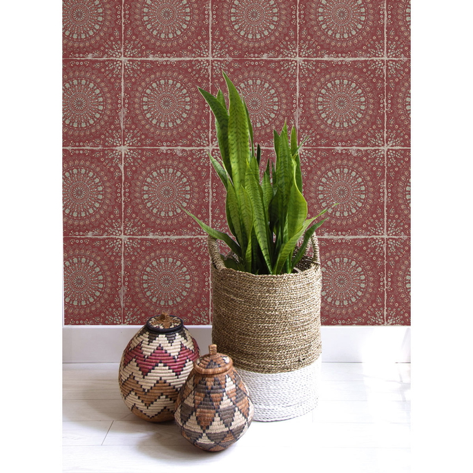 Seabrook Designs Mandala Boho Tile Cabernet &amp; Aloe Green Wallpaper image 2 of 2