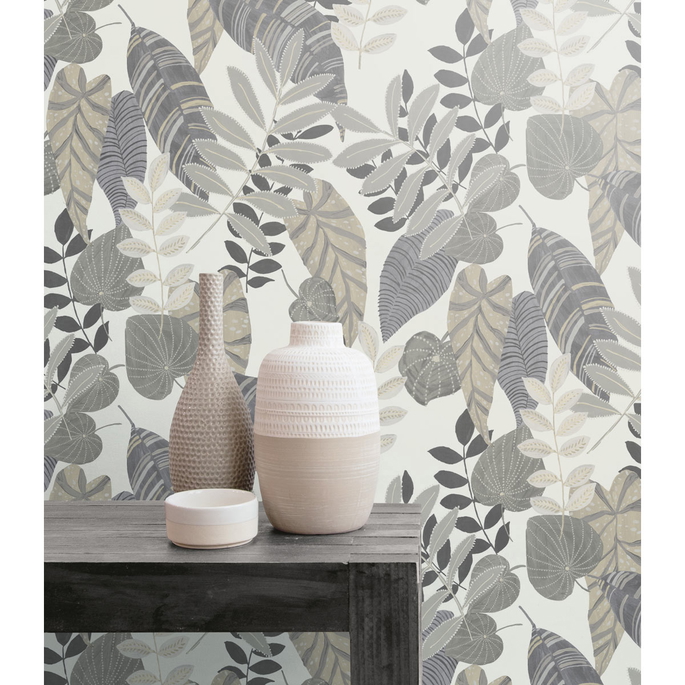 Seabrook Designs Tropicana Leaves Stone &amp; Daydream Gray Wallpaper image 2 of 2