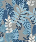 Seabrook Designs Tropicana Leaves Metallic Gray & Sky Blue Wallpaper