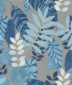 Seabrook Designs Tropicana Leaves Metallic Gray & Sky Blue Wallpaper