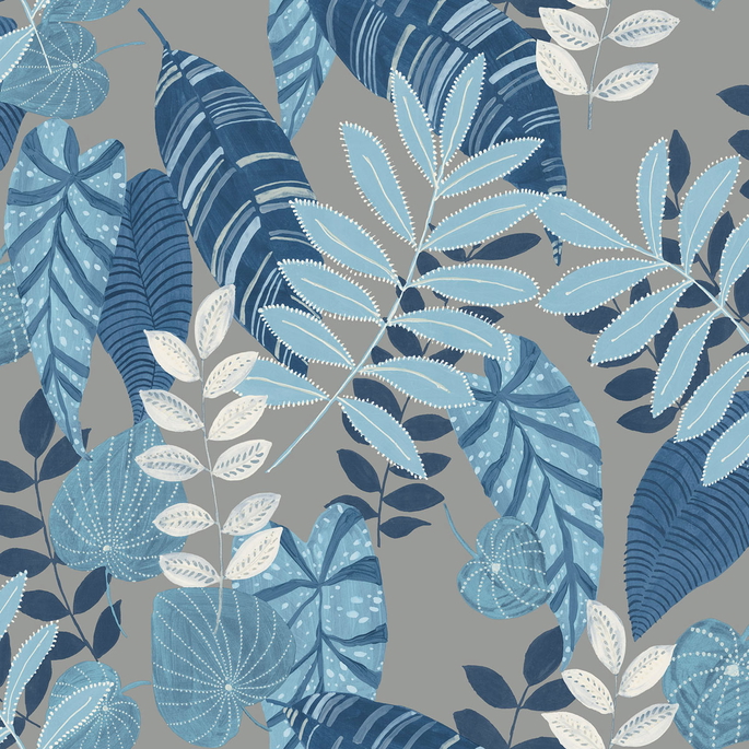 Seabrook Designs Tropicana Leaves Metallic Gray &amp; Sky Blue Wallpaper image 1 of 2
