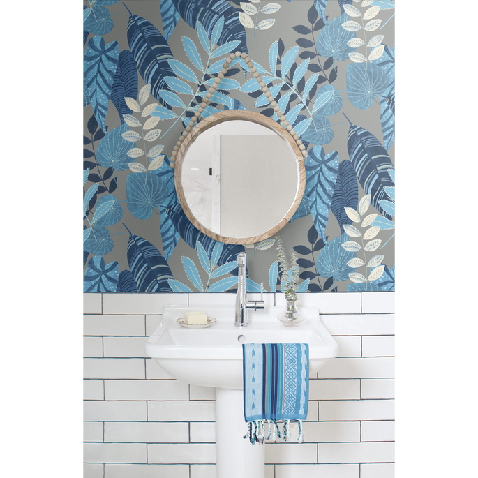 Seabrook Designs Tropicana Leaves Metallic Gray &amp; Sky Blue Wallpaper image 2 of 2