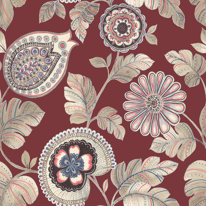 Seabrook Designs Calypso Paisley Leaf Cabernet &amp; Coral Wallpaper image 1 of 2