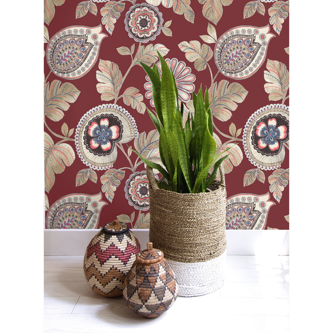 Seabrook Designs Calypso Paisley Leaf Cabernet &amp; Coral Wallpaper image 2 of 2