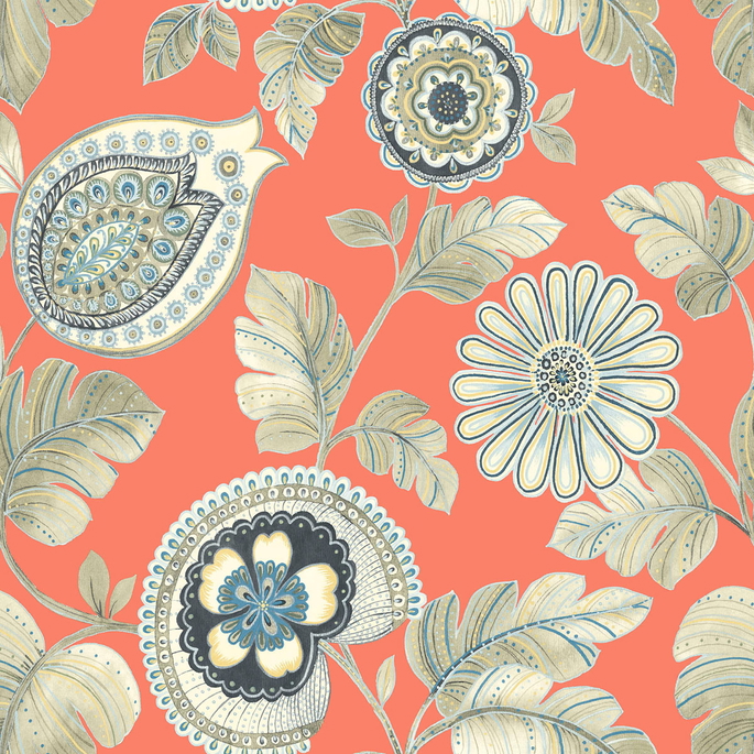 Seabrook Designs Calypso Paisley Leaf Coral &amp; Aloe Wallpaper image 1 of 2