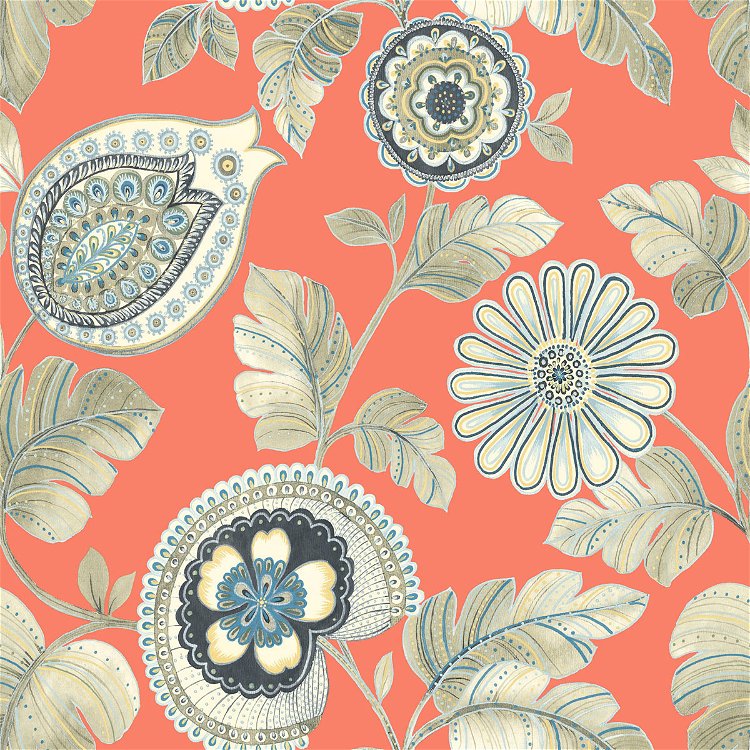 Seabrook Designs Calypso Paisley Leaf Coral & Aloe Wallpaper