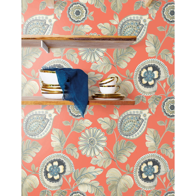 Seabrook Designs Calypso Paisley Leaf Coral &amp; Aloe Wallpaper image 2 of 2