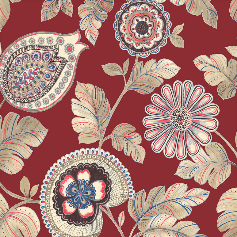 Seabrook Designs Calypso Paisley Leaf Cabernet &amp; Coral Fabric