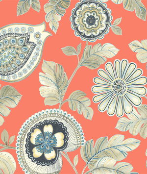 Seabrook Designs Calypso Paisley Leaf Coral & Aloe Fabric