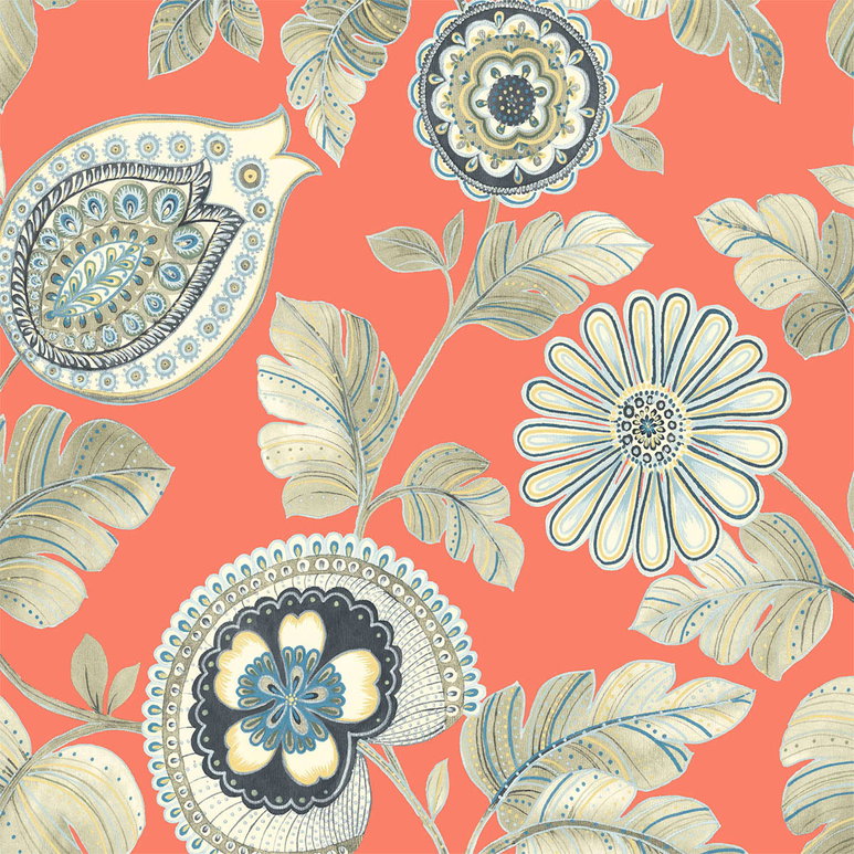 Seabrook Designs Calypso Paisley Leaf Coral &amp; Aloe Fabric