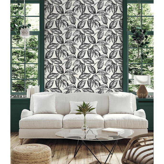 Seabrook Designs Beckett Sketched Leaves Volcanic Black Wallpaper image 2 of 3