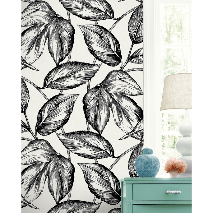 Seabrook Designs Beckett Sketched Leaves Volcanic Black Wallpaper image 3 of 3
