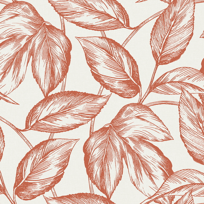 Seabrook Designs Beckett Sketched Leaves Rich Coral Wallpaper image 1 of 3