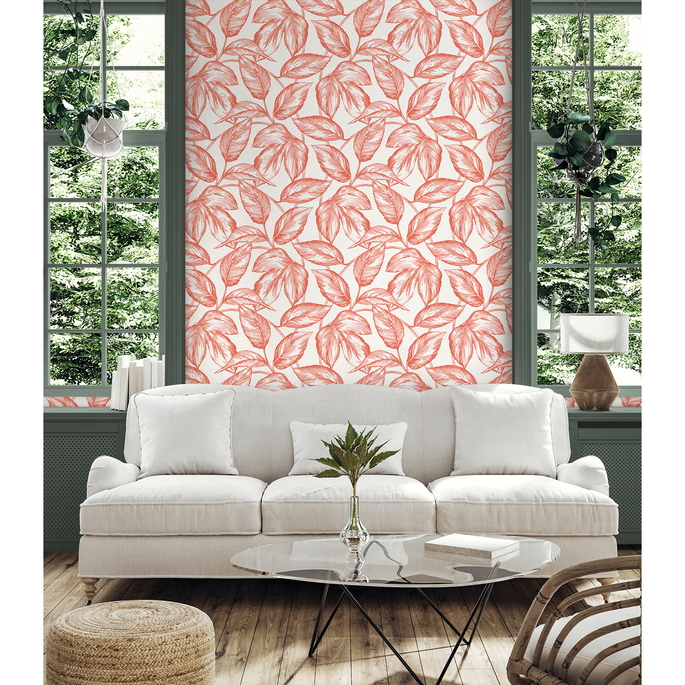 Seabrook Designs Beckett Sketched Leaves Rich Coral Wallpaper image 2 of 3