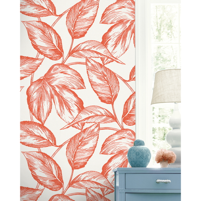 Seabrook Designs Beckett Sketched Leaves Rich Coral Wallpaper image 3 of 3