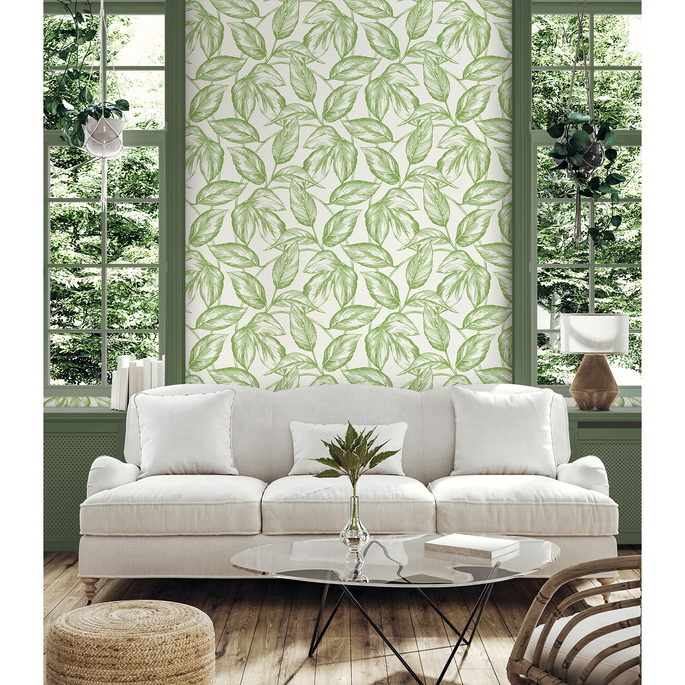 Seabrook Designs Beckett Sketched Leaves Apple Green Wallpaper image 2 of 3