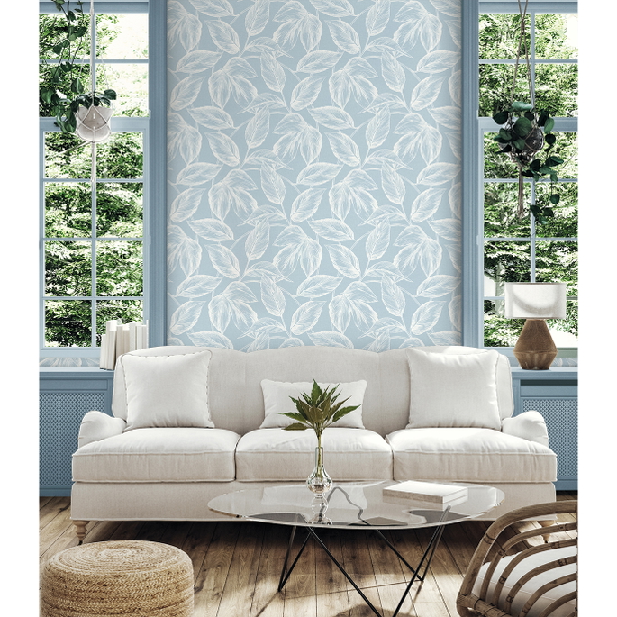 Seabrook Designs Beckett Sketched Leaves Baby Blue Wallpaper image 2 of 3