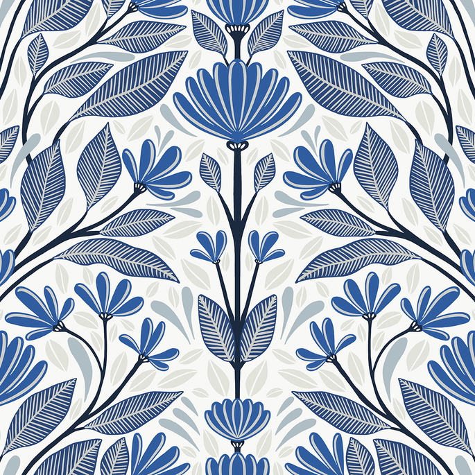 Seabrook Designs Carmela Folk Floral True Blue Wallpaper image 1 of 3