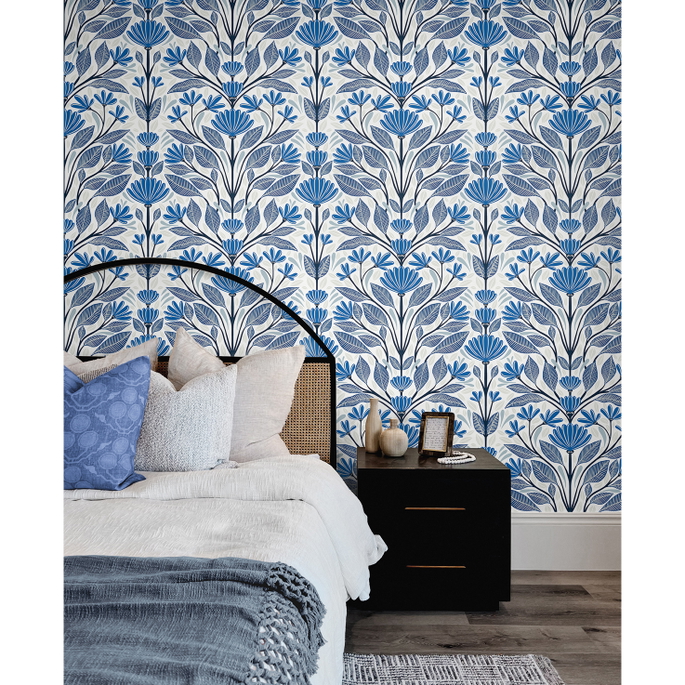 Seabrook Designs Carmela Folk Floral True Blue Wallpaper image 2 of 3