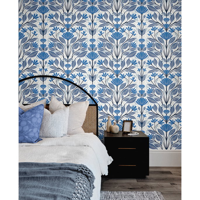 Seabrook Designs Carmela Folk Floral True Blue Wallpaper image 2 of 3