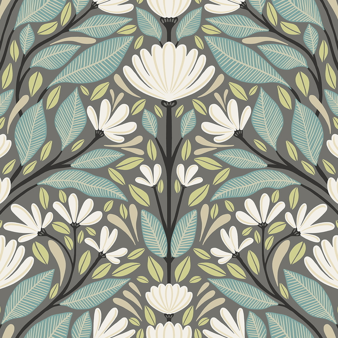 Seabrook Designs Carmela Folk Floral Spirit Grey Wallpaper image 1 of 3