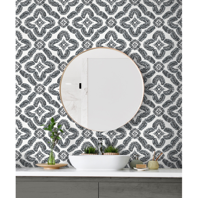 Seabrook Designs Talia Botanical Medallion Black &amp; White Wallpaper image 3 of 3