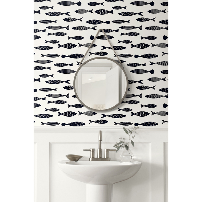 Seabrook Designs Bay Fish Black &amp; White Wallpaper image 2 of 2