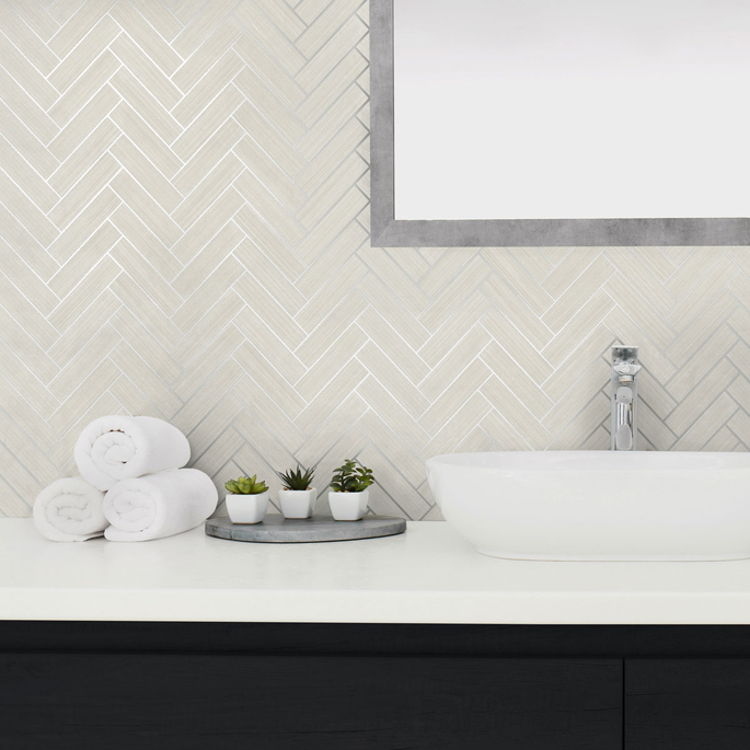 Stacy Garcia Home Peel &amp; Stick Herringbone Inlay Lunar Grey &amp; Metallic Silver Wallpaper image 3 of 5