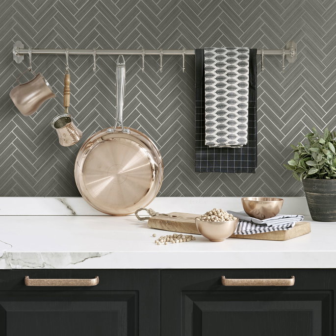 Stacy Garcia Home Peel &amp; Stick Herringbone Inlay Graphite &amp; Metallic Silver Wallpaper image 2 of 5