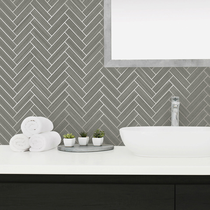 Stacy Garcia Home Peel &amp; Stick Herringbone Inlay Graphite &amp; Metallic Silver Wallpaper image 3 of 5