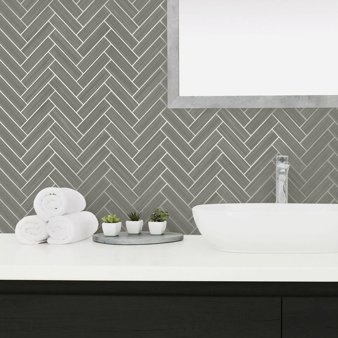 Stacy Garcia Home Peel &amp; Stick Herringbone Inlay Graphite &amp; Metallic Silver Wallpaper image 3 of 5