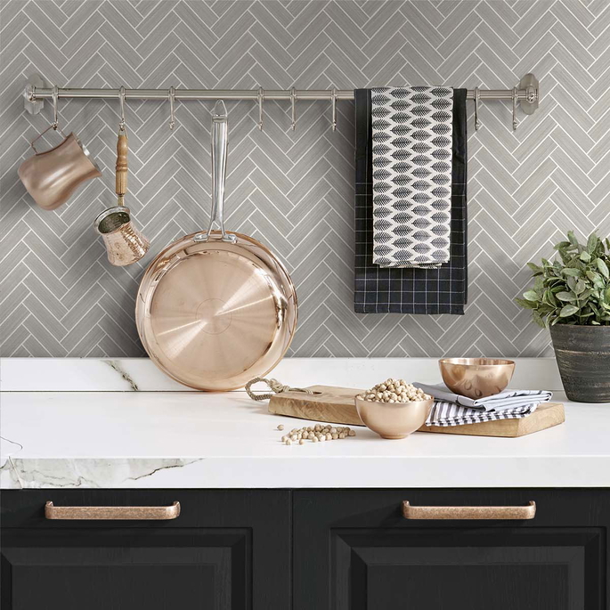 Stacy Garcia Home Peel &amp; Stick Herringbone Inlay Warm Stone &amp; Metallic Pearl Wallpaper image 2 of 5