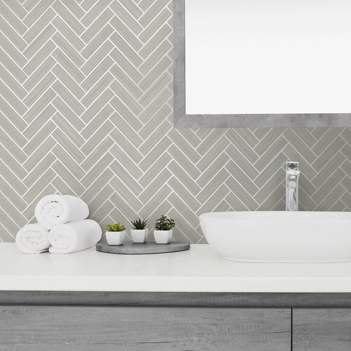 Stacy Garcia Home Peel &amp; Stick Herringbone Inlay Warm Stone &amp; Metallic Pearl Wallpaper image 3 of 5