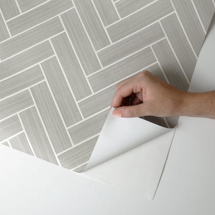 Stacy Garcia Home Peel &amp; Stick Herringbone Inlay Warm Stone &amp; Metallic Pearl Wallpaper image 5 of 5