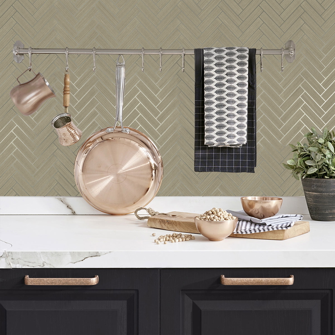 Stacy Garcia Home Peel &amp; Stick Herringbone Inlay Khaki &amp; Metallic Silver Wallpaper image 2 of 5