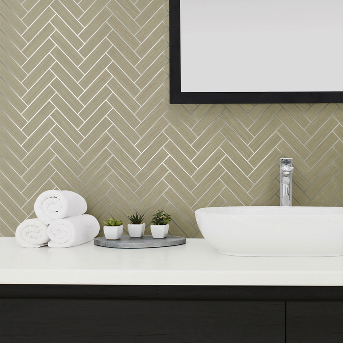 Stacy Garcia Home Peel &amp; Stick Herringbone Inlay Khaki &amp; Metallic Silver Wallpaper image 3 of 5