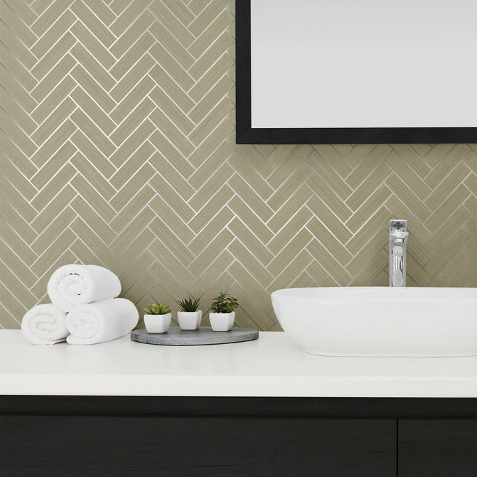 Stacy Garcia Home Peel &amp; Stick Herringbone Inlay Khaki &amp; Metallic Silver Wallpaper image 3 of 5