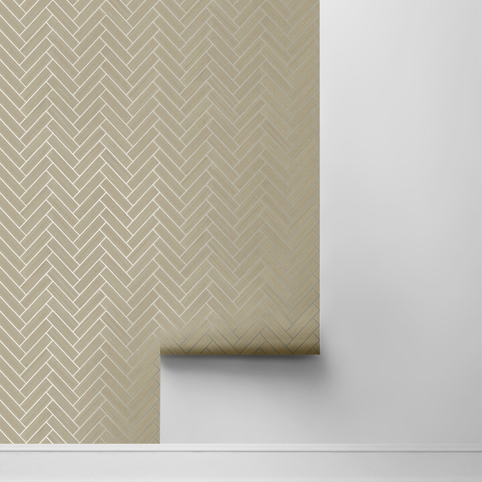 Stacy Garcia Home Peel &amp; Stick Herringbone Inlay Khaki &amp; Metallic Silver Wallpaper image 4 of 5
