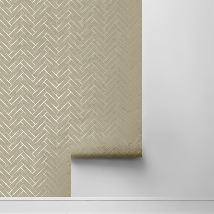 Stacy Garcia Home Peel &amp; Stick Herringbone Inlay Khaki &amp; Metallic Silver Wallpaper image 4 of 5