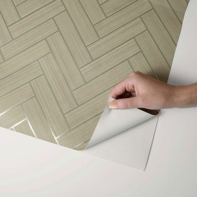 Stacy Garcia Home Peel &amp; Stick Herringbone Inlay Khaki &amp; Metallic Silver Wallpaper image 5 of 5