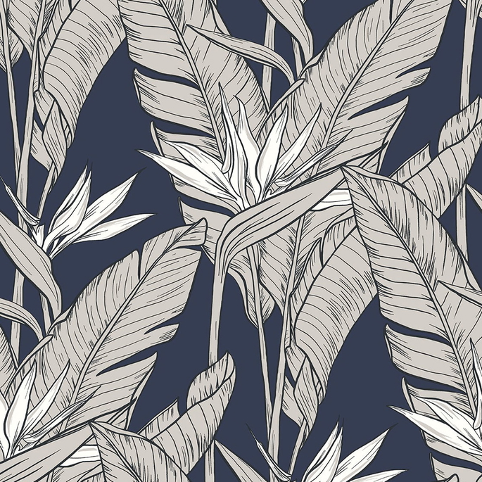 Stacy Garcia Home Peel &amp; Stick Birds of Paradise Navy Blue &amp; Metallic Pewter Wallpaper image 1 of 4