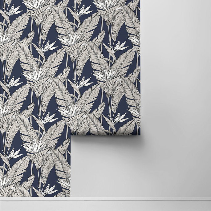 Stacy Garcia Home Peel &amp; Stick Birds of Paradise Navy Blue &amp; Metallic Pewter Wallpaper image 2 of 4