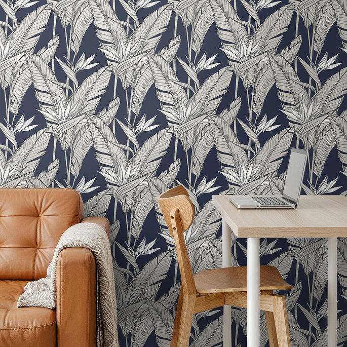 Stacy Garcia Home Peel &amp; Stick Birds of Paradise Navy Blue &amp; Metallic Pewter Wallpaper image 3 of 4